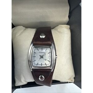 FOSSIL 8774 WOMENS WRIST WATCH SQUARE STAINLESS STEEL FACE W/ BROWN LEATHER BAND
